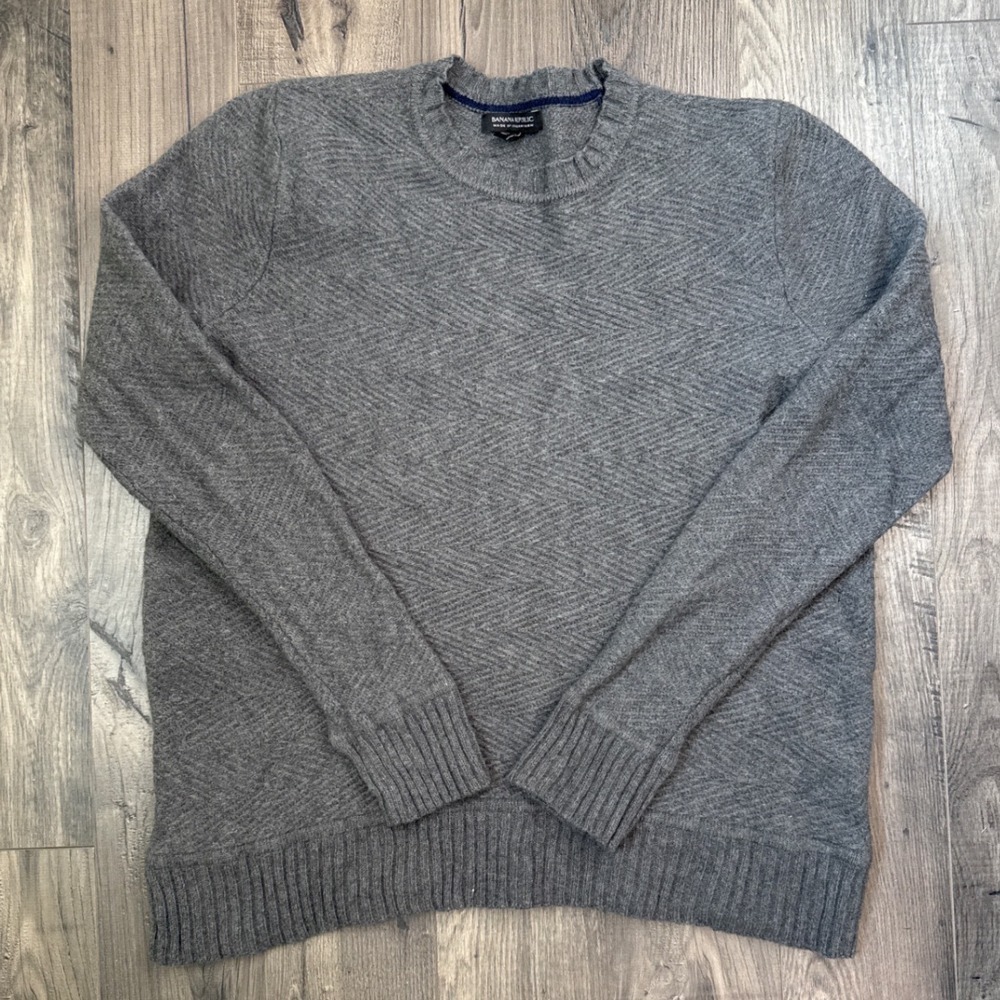Banana Republic Men Herringbone Crew Neck Sweater XL Italian‎ Yarn Gray Merino